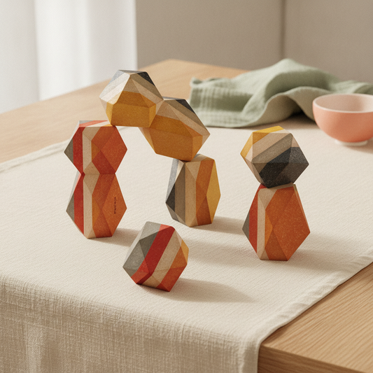 PlanToys set of wooden stacking stones in earthy colors on a cream linen cloth in soft window light
