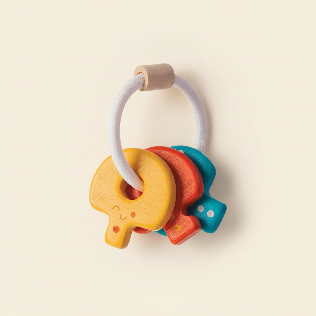 PlanToys Baby Key Rattle on a plain cream background