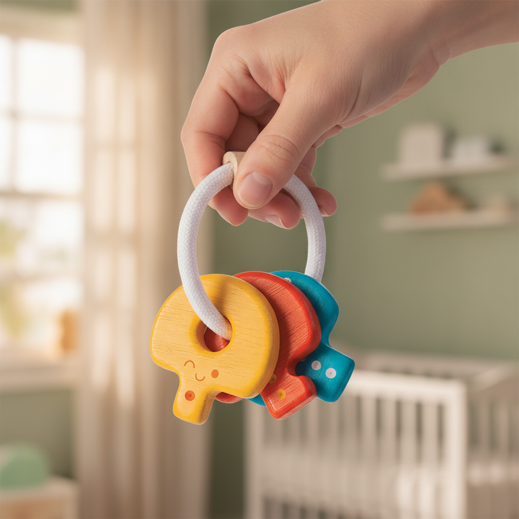 A parent's hand offering the PlanToys Baby Key Rattle