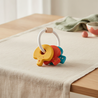 PlanToys Baby Key Rattle on a cream linen cloth in soft window light