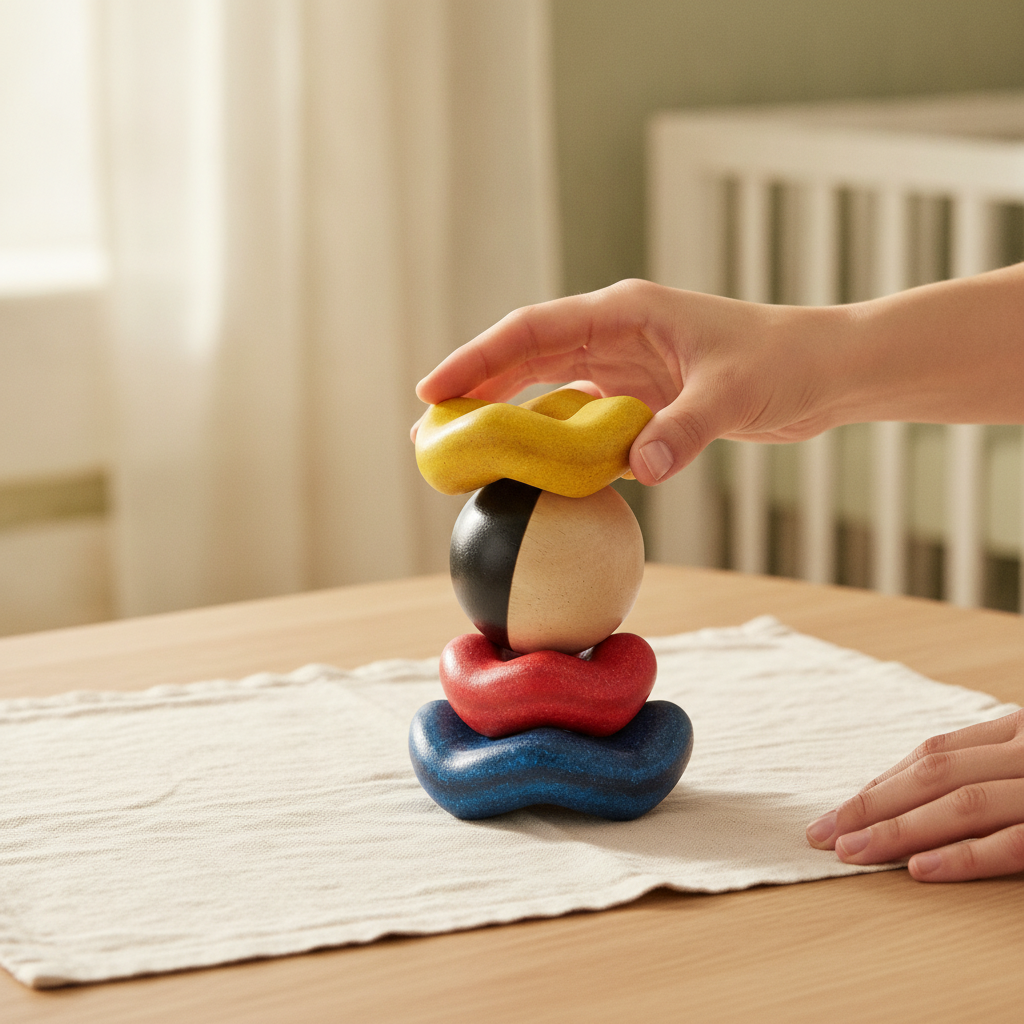 A parent's hands playing with the PlanToys wooden ball sitting in a curved wooden wave base, two pieces