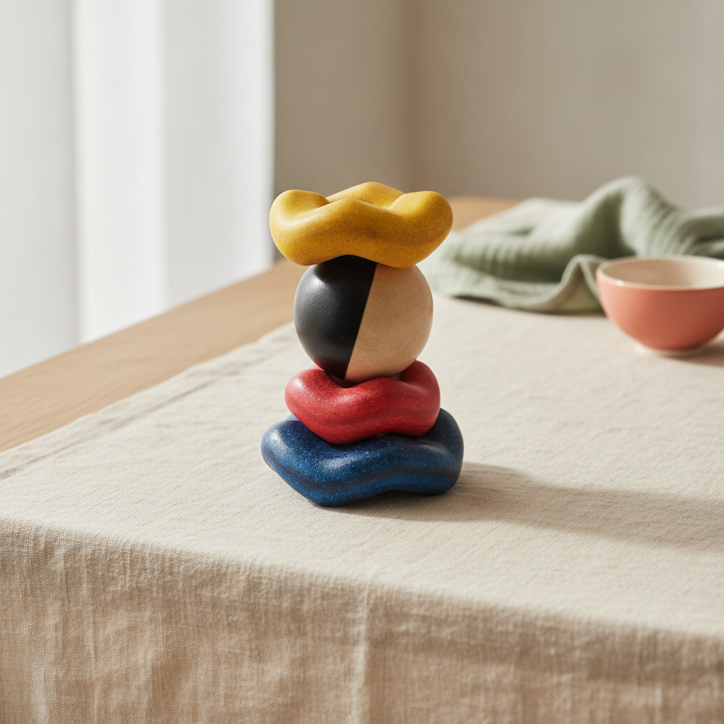 PlanToys wooden ball sitting in a curved wooden wave base, two pieces on a cream linen cloth in soft window light