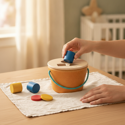 A parent's hands playing with the PlanToys wooden bucket with lid and shaped wooden pieces