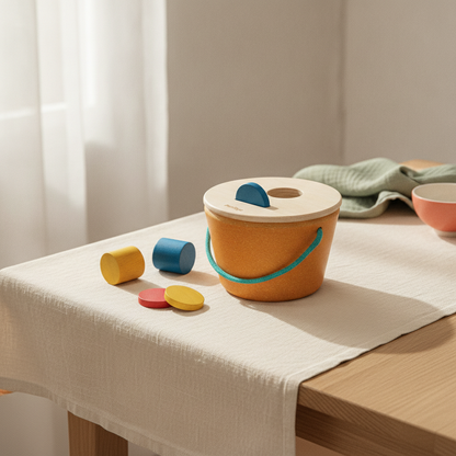 PlanToys wooden bucket with lid and shaped wooden pieces on a cream linen cloth in soft window light