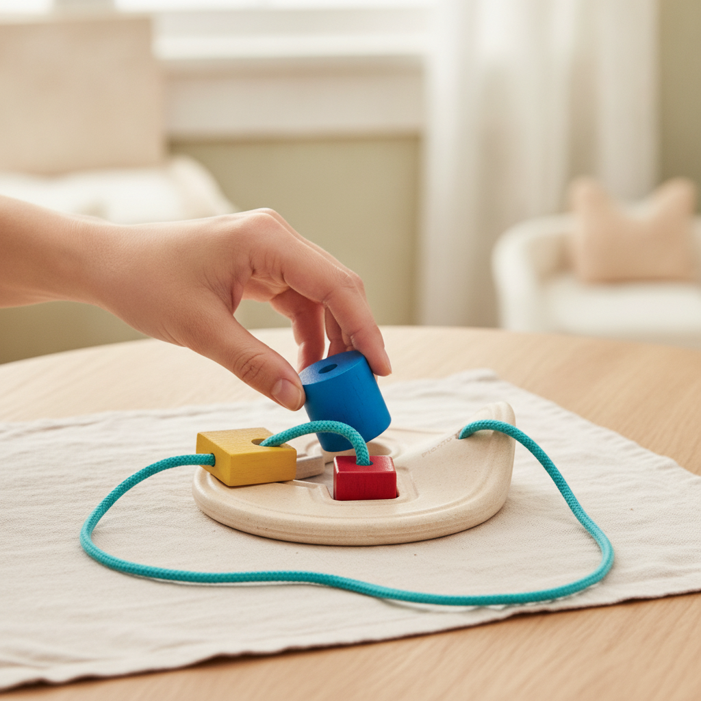 A parent's hand dropping the blue cylinder into the PlanToys First Shape Sorter on a linen cloth