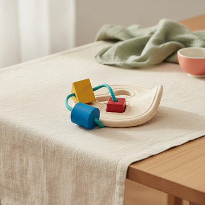 PlanToys wooden shape sorter box with its shape pieces on a cream linen cloth in soft window light