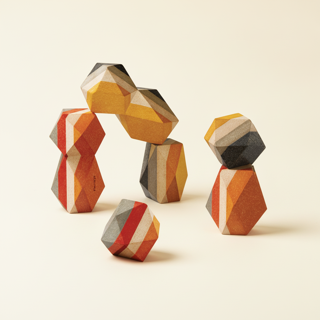 PlanToys set of wooden stacking stones in earthy colors on a plain cream background