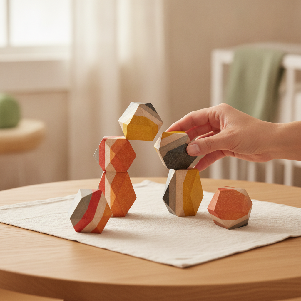 A parent's hands playing with the PlanToys set of wooden stacking stones in earthy colors