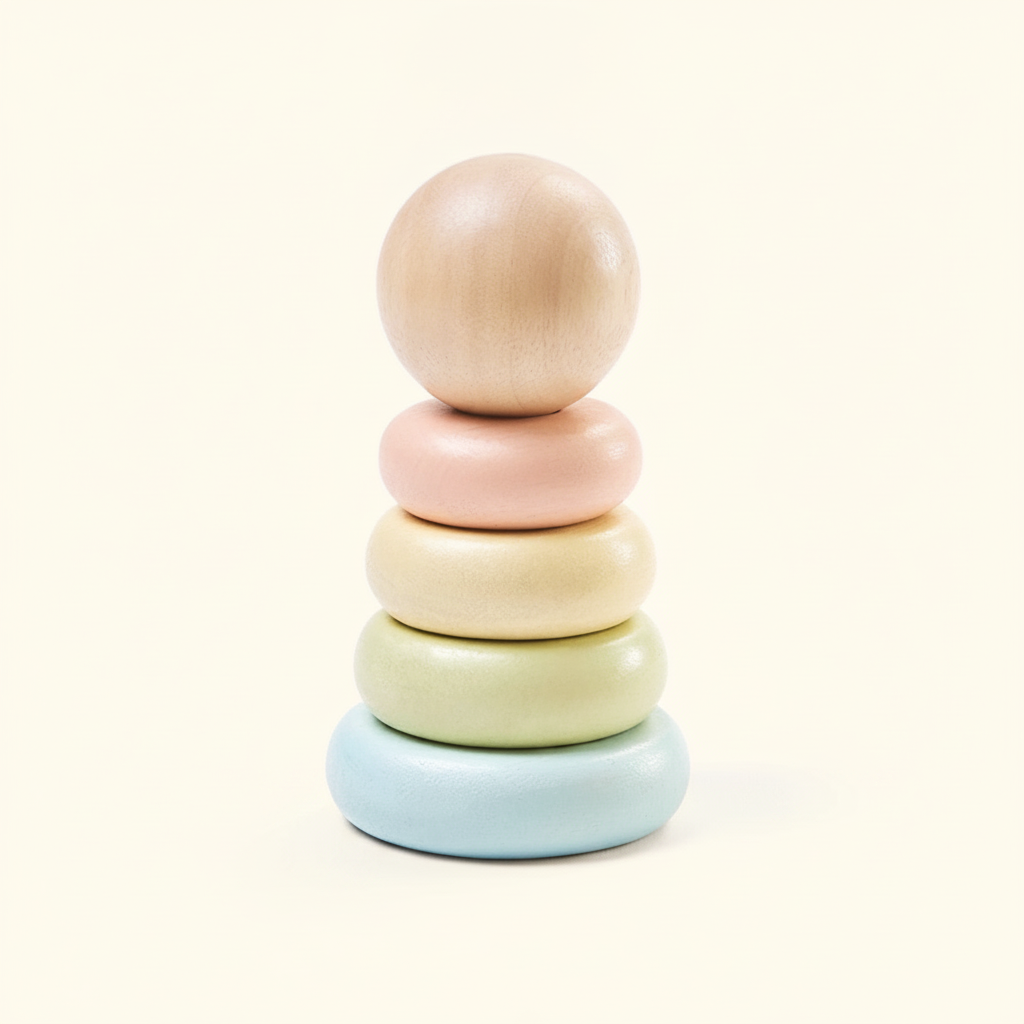 PlanToys wooden stacking ring toy: short post with base and three rings on a plain cream background