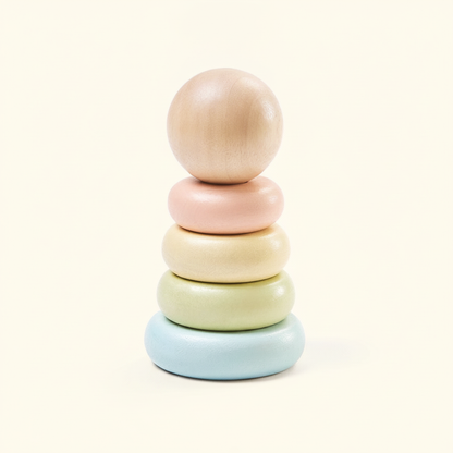 PlanToys wooden stacking ring toy: short post with base and three rings on a plain cream background