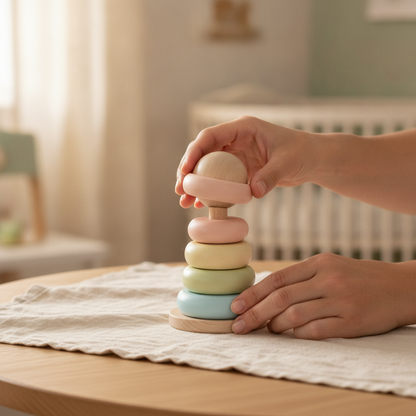 A parent's hands playing with the PlanToys wooden stacking ring toy: short post with base and three rings