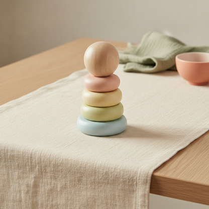 PlanToys wooden stacking ring toy: short post with base and three rings on a cream linen cloth in soft window light