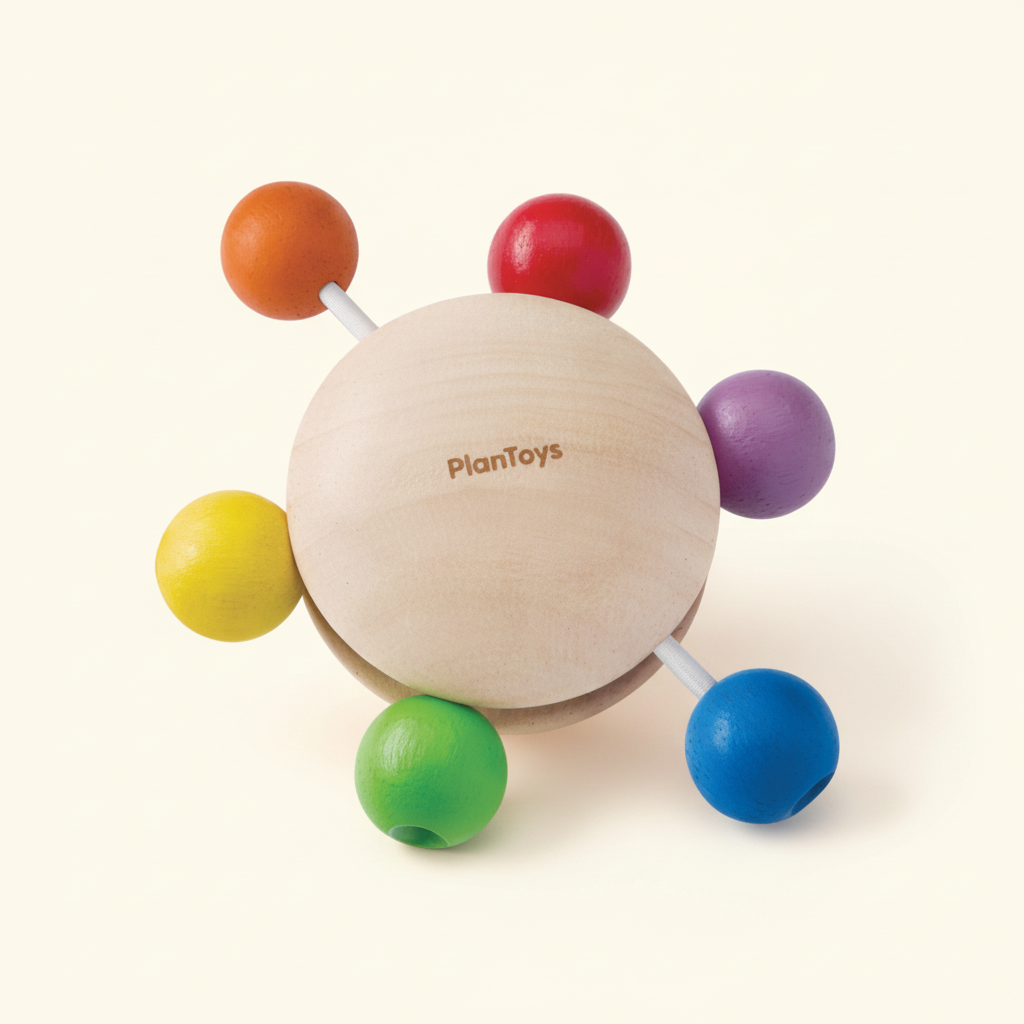 PlanToys wooden pull-and-grasp toy with fabric cords and wooden beads on a plain cream background
