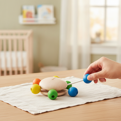 A parent's hands playing with the PlanToys wooden pull-and-grasp toy with fabric cords and wooden beads