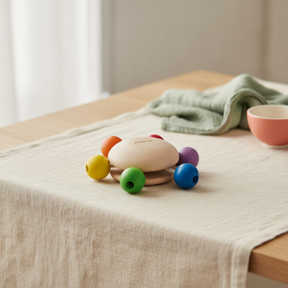 PlanToys wooden pull-and-grasp toy with fabric cords and wooden beads on a cream linen cloth in soft window light
