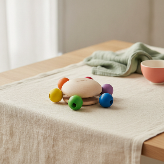 PlanToys wooden pull-and-grasp toy with fabric cords and wooden beads on a cream linen cloth in soft window light