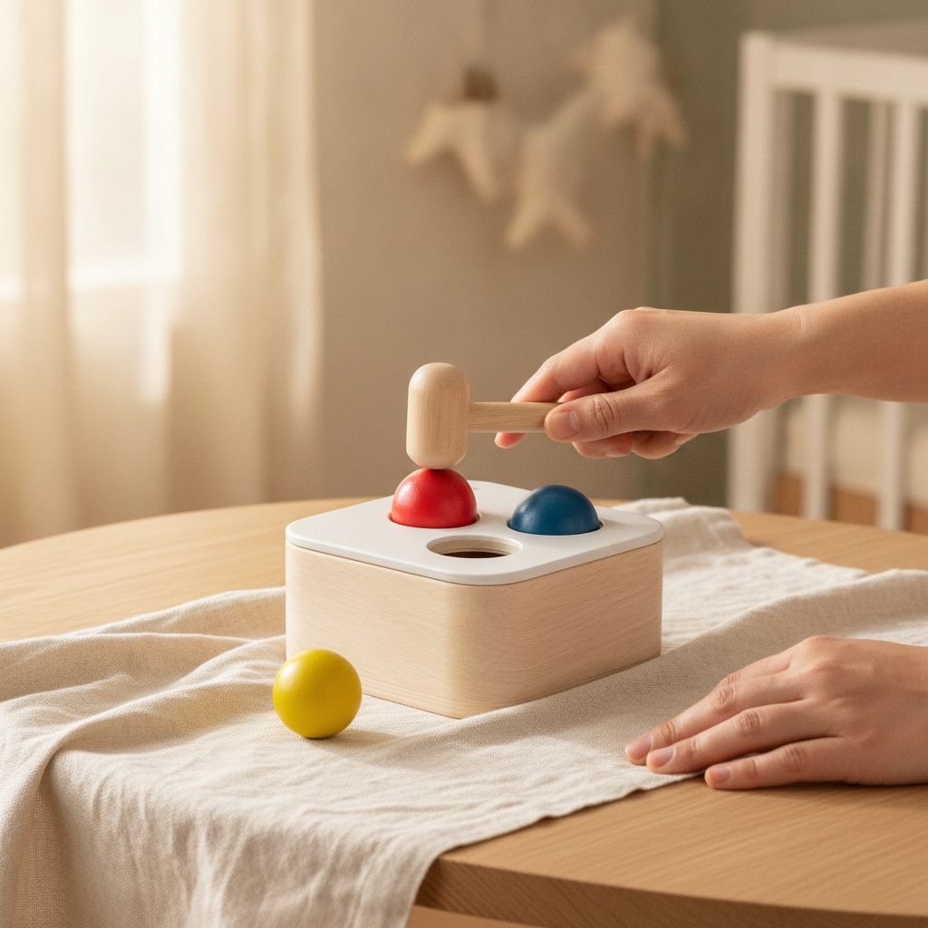 A parent's hand tapping a ball into the PlanToys Punch & Drop Bin with the mallet