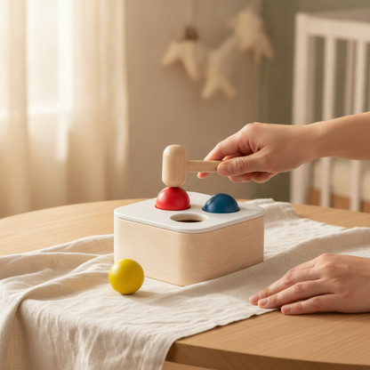 A parent's hand tapping a ball into the PlanToys Punch & Drop Bin with the mallet