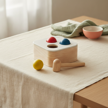 PlanToys wooden punch-and-drop bin with fabric top and three wooden balls on a cream linen cloth in soft window light