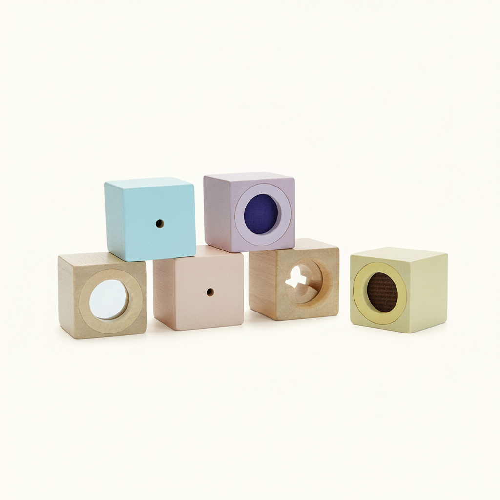 PlanToys Sensory Blocks, six wooden cubes with windows, mirrors and textures, on a plain cream background