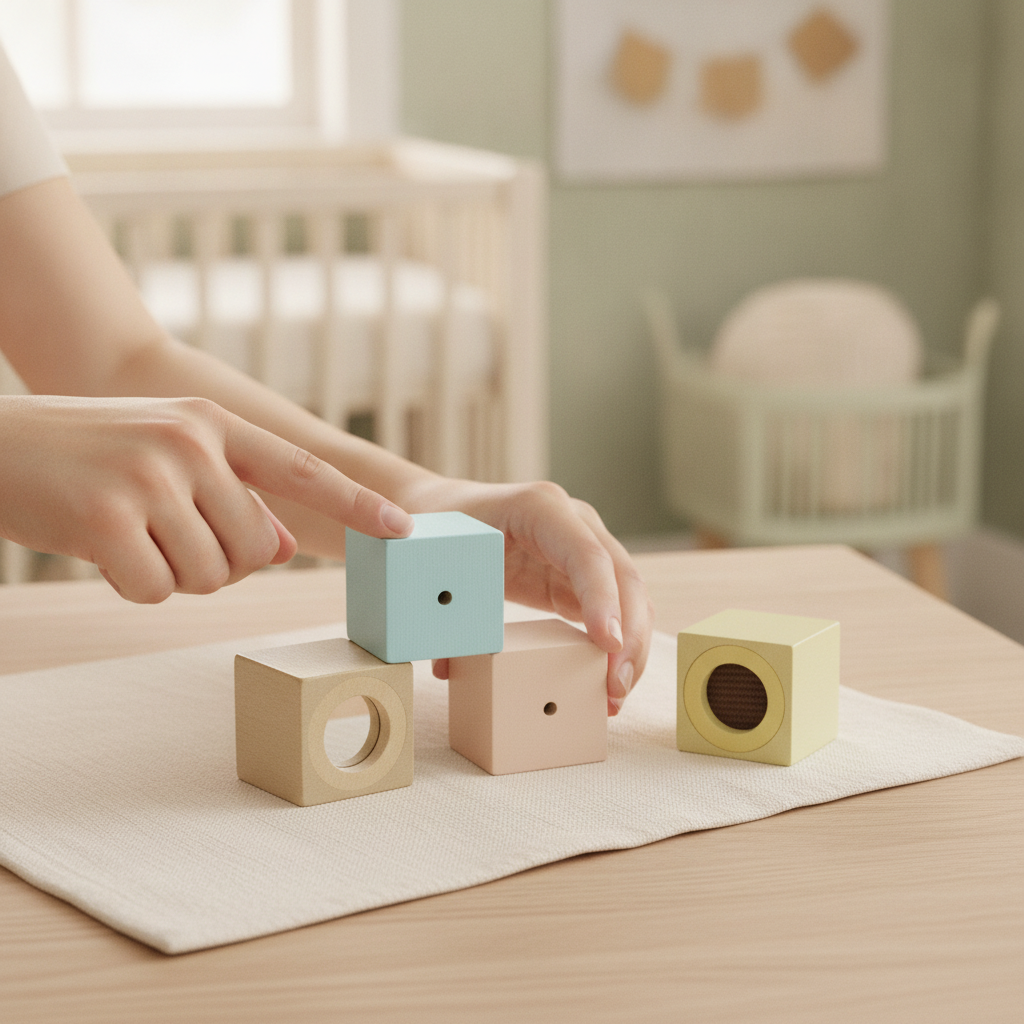 A parent's hands playing with the PlanToys set of four textured wooden sensory blocks