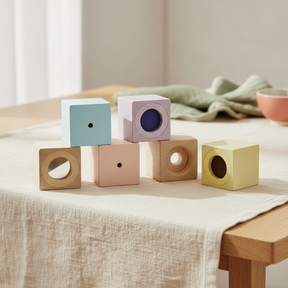 PlanToys set of four textured wooden sensory blocks on a cream linen cloth in soft window light