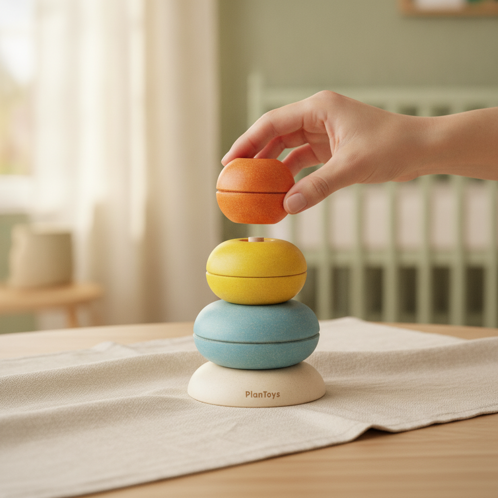 A parent's hand lifting the top cup off the PlanToys Stacking Ring Cups on a linen cloth