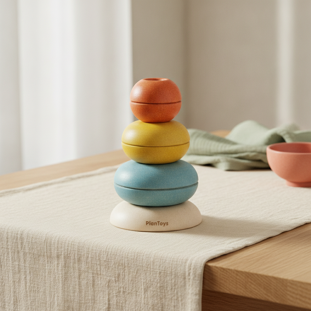 PlanToys set of wooden stacking ring cups on a cream linen cloth in soft window light
